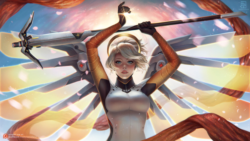 1girl abigail_diaz armor arms_up artist_name black_gloves blonde_hair blue_eyes bodysuit breastplate breasts eyelashes gloves headgear high_collar highres holding holding_staff light_rays lipstick long_sleeves looking_at_viewer makeup mechanical_halo mechanical_wings medium_breasts mercy_(overwatch) nose overwatch parted_lips patreon petals pink_lips pink_lipstick ponytail short_hair signature skin_tight sky smile solo spread_wings staff sun sunlight teeth turtleneck upper_body weapon wings yellow_wings