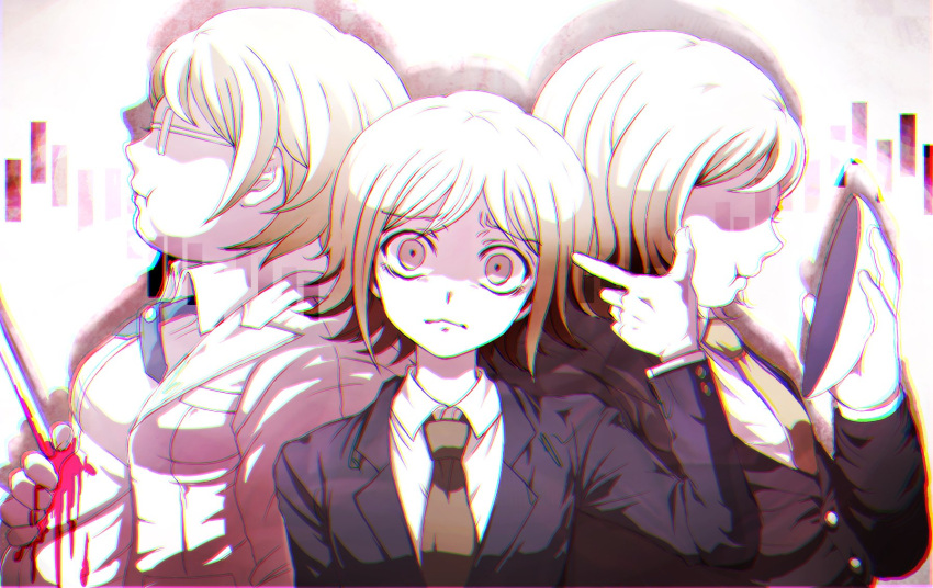 3boys blonde_hair blood dangan_ronpa dangan_ronpa_3 doraraemon dual_persona finger_gun formal glasses highres male_focus mask mitarai_ryouta multiple_boys necktie pink_blood shaded_face short_hair suit super_dangan_ronpa_2 togami_byakuya_(super_dangan_ronpa_2) upper_body