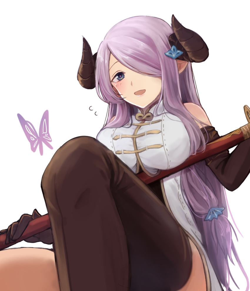 1girl :d arisuke_(natuyan) bare_shoulders black_gloves black_legwear blue_eyes blush breasts butterfly doraf elbow_gloves flying_sweatdrops gloves granblue_fantasy hair_ornament hair_over_one_eye highres holding holding_sword holding_weapon horns katana large_breasts long_hair low-tied_long_hair narumeia_(granblue_fantasy) open_mouth purple_hair simple_background single_thighhigh smile solo sword thigh-highs tied_hair weapon white_background zettai_ryouiki