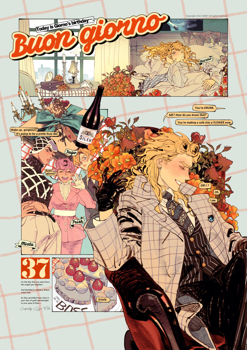 1girl 3boys 456123r0gue78 absurdres alcohol blonde_hair blush cake candlestand flower food formal_clothes giorno_giovanna grin guido_mista highres jojo_no_kimyou_na_bouken long_hair looking_at_another multiple_boys pannacotta_fugo pink_hair sitting smile strawberry_shortcake table trish_una wine