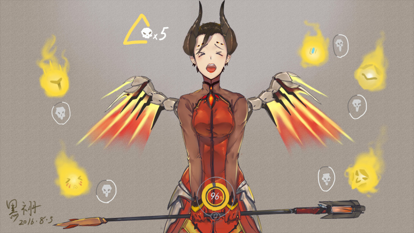 &gt;_&lt; 1girl 2016 :d :o absurdres alternate_costume bastion_(overwatch) black_hair bodysuit breasts closed_eyes cowboy_shot d.va_(overwatch) dark_persona dated demon_horns devil_mercy facial_mark facing_viewer forehead_mark gameplay_mechanics genji_(overwatch) gloves glowing glowing_wings grey_background heiyu highres hitodama holding_staff horns lipstick makeup mechanical_wings medium_breasts mercy_(overwatch) open_mouth overwatch reaper_(overwatch) red_lipstick reinhardt_(overwatch) screaming simple_background smile solo staff tail unhappy v_arms wings xd
