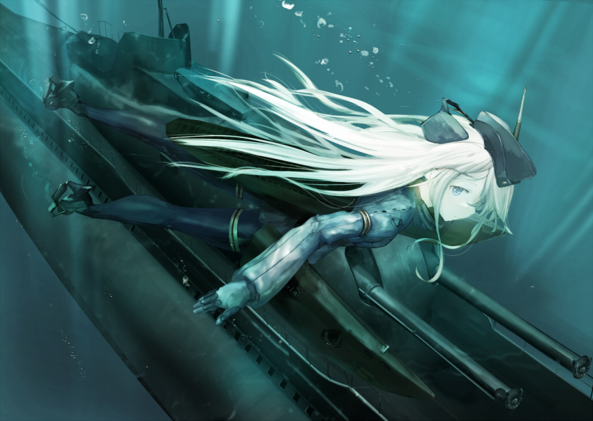 1girl air_bubble black_legwear blockhead_bh blonde_hair blue_eyes bubble cropped_jacket freediving garrison_cap gloves hat kantai_collection light_rays long_hair long_sleeves looking_at_viewer military military_uniform pantyhose puffy_long_sleeves puffy_sleeves solo submarine swimming u-511_(kantai_collection) underwater uniform water watercraft