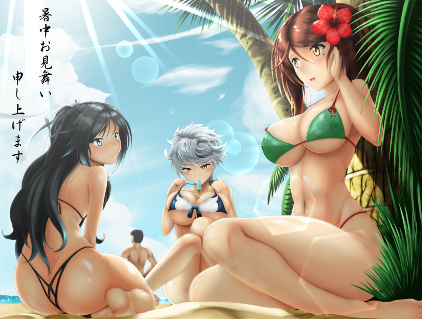 1boy 3girls adapted_costume adjusting_clothes adjusting_swimsuit akamu_no_aniki_mk-e amagi_(kantai_collection) ass asymmetrical_hair beach bikini black_bikini black_hair blue_eyes braid breasts brown_hair cloud_print clouds cloudy_sky flower from_behind front-tie_top hair_between_eyes hair_flower hair_ornament hair_ribbon hand_on_own_cheek highleg highleg_panties kantai_collection katsuragi_(kantai_collection) large_breasts lens_flare light_rays looking_at_another looking_down midriff mole mole_under_eye multiple_girls ocean open_mouth outdoors palm_leaf palm_tree panties ponytail ribbon sand shiny shiny_skin shochuumimai sideboob silver_hair single_braid sitting sky sunlight swimsuit translated tree under_boob underwear unryuu_(kantai_collection) water yellow_eyes