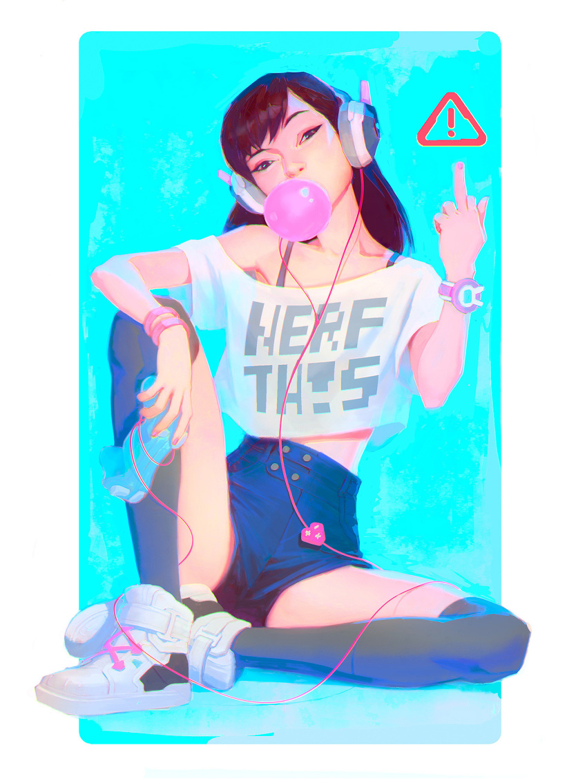 ! 1girl black_eyes black_hair black_legwear bracelet bubble_blowing casual clothes_writing controller d.va_(overwatch) denim denim_shorts english game_controller head_tilt headset highres holding jason_chan jewelry kneehighs long_hair looking_at_viewer middle_finger midriff nail_polish nose off-shoulder_shirt overwatch pink_nails shirt shoes short_shorts shorts sitting solo text