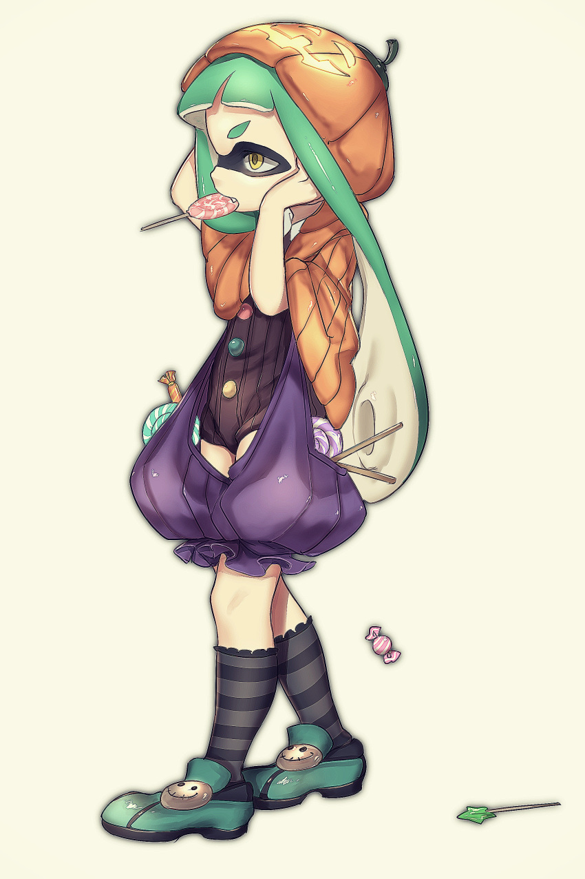 1girl absurdres bangs blunt_bangs costume domino_mask fang food full_body green_hair halloween_costume highres inkling jack-o'-lantern long_hair mask mouth_hold pointy_ears popsicle puchiman pumpkin_pants simple_background solo splatoon standing tentacle_hair unitard white_background yellow_eyes