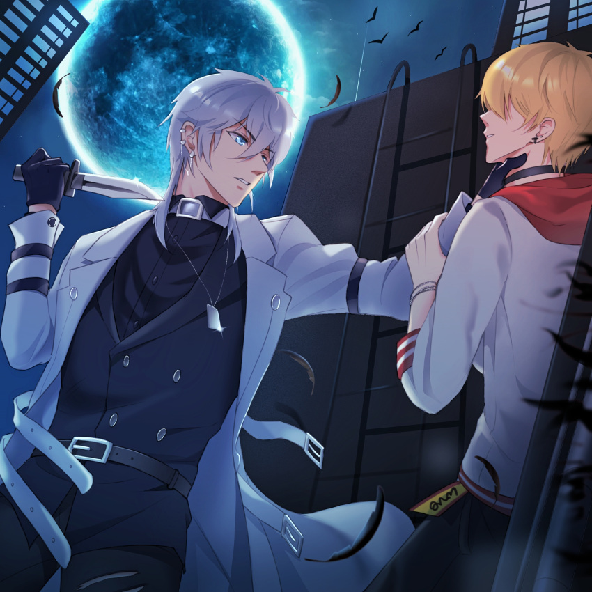 2boys bangs belt belt_buckle black_gloves black_pants black_vest blonde_hair blue_eyes buckle coat dog_tags earrings feathers full_moon gloves highres holding holding_knife holding_person jacket jewelry knife love_and_producer moon multiple_boys night night_sky open_mouth pants short_hair sky teeth vest white_coat white_hair white_jacket wooooo_(826378146) zhou_quiluo