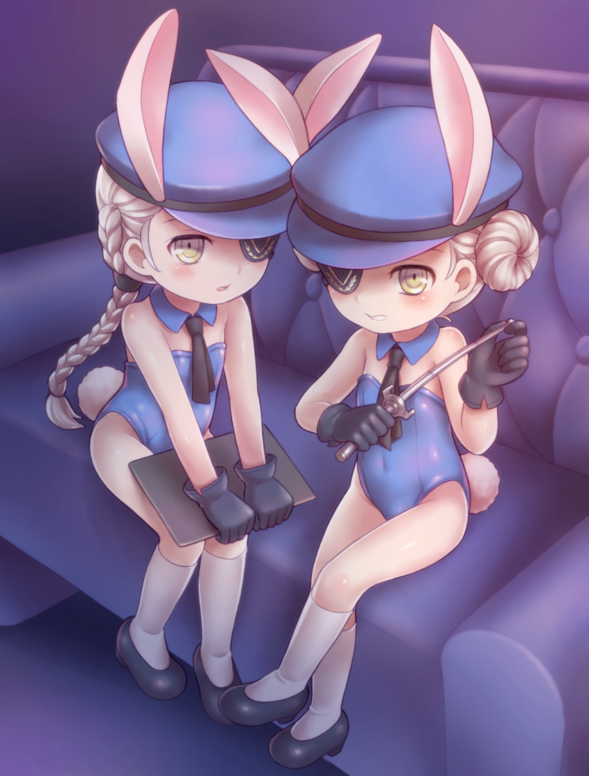 2girls absurdres bare_shoulders black_gloves blush braid bunnysuit caroline_(persona_5) child eyepatch flat_chest gloves hat justine_(persona_5) looking_at_viewer multiple_girls open_mouth persona persona_5 porocha rabbit_ears shoes sitting socks tail