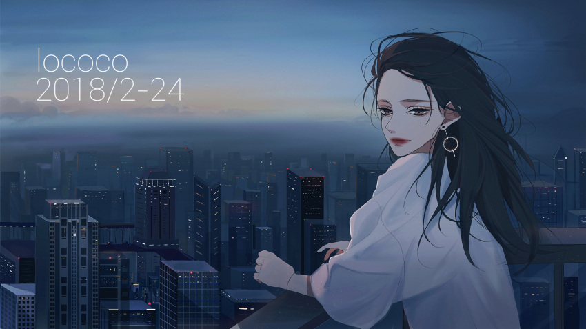 1girl artist_name bracelet brown_eyes brown_hair building city cityscape closed_mouth earrings highres jewelry light_smile lipstick lococo:p looking_at_viewer looking_back makeup mole mole_under_eye night original outdoors red_lipstick shirt signature skyscraper solo white_shirt