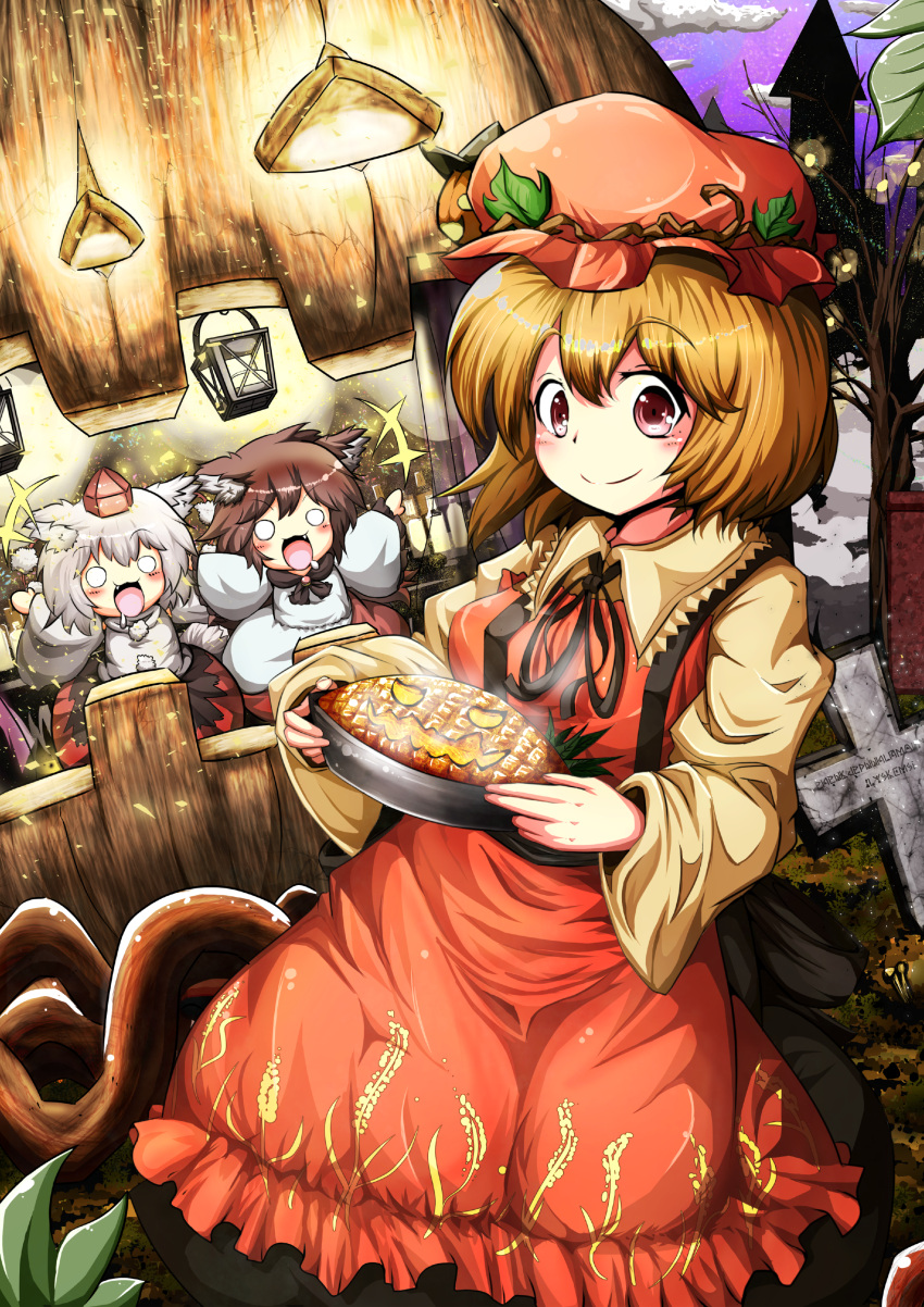 3girls absurdres aki_minoriko animal_ears bare_shoulders blush brooch brown_hair chibi detached_sleeves fang food fruit grapes hair_ornament halloween hat highres imaizumi_kagerou inubashiri_momiji jewelry leaf leaf_hair_ornament leaf_on_head long_hair multiple_girls open_mouth pie pochi_tarou pom_pom_(clothes) red_eyes saliva short_hair silver_hair tail tokin_hat touhou wide_sleeves wolf_ears wolf_tail
