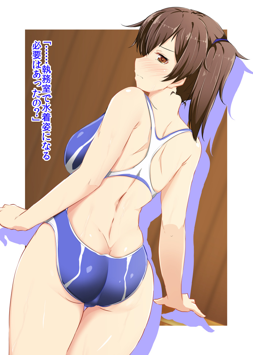 1girl absurdres ass back back_cutout blush breasts brown_eyes brown_hair competition_swimsuit from_behind highleg highleg_swimsuit highres kaga_(kantai_collection) kantai_collection kirino_kyousuke long_hair looking_at_viewer looking_back one-piece_swimsuit side_ponytail solo swimsuit