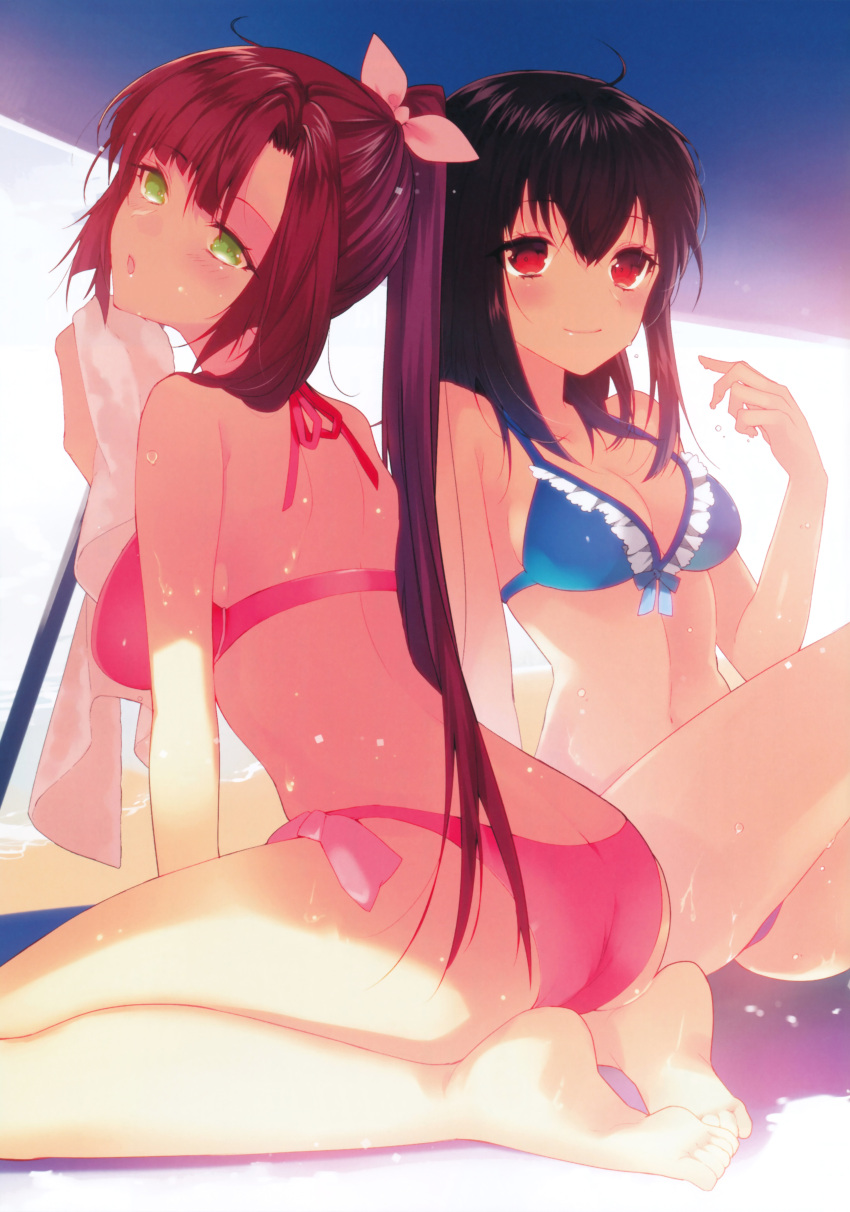 2girls :o absurdres ass bare_arms bare_legs bare_shoulders barefoot beach bikini black_hair blue_bikini blush bow breasts cleavage closed_mouth day drying frilled_bikini frills green_eyes hair_bow highres himeragi_yukina kirasaka_sayaka knees_apart_feet_together long_hair looking_at_viewer looking_back manyako_(mohumohu) medicine_melancholy multiple_girls navel ocean open_mouth pink_bow pointing pointing_at_self ponytail purple_hair red_bikini red_eyes red_ribbon ribbon scan seiza shoulder_blades side-tie_bikini sitting smile soles stomach strike_the_blood swimsuit towel very_long_hair water water_drop wet