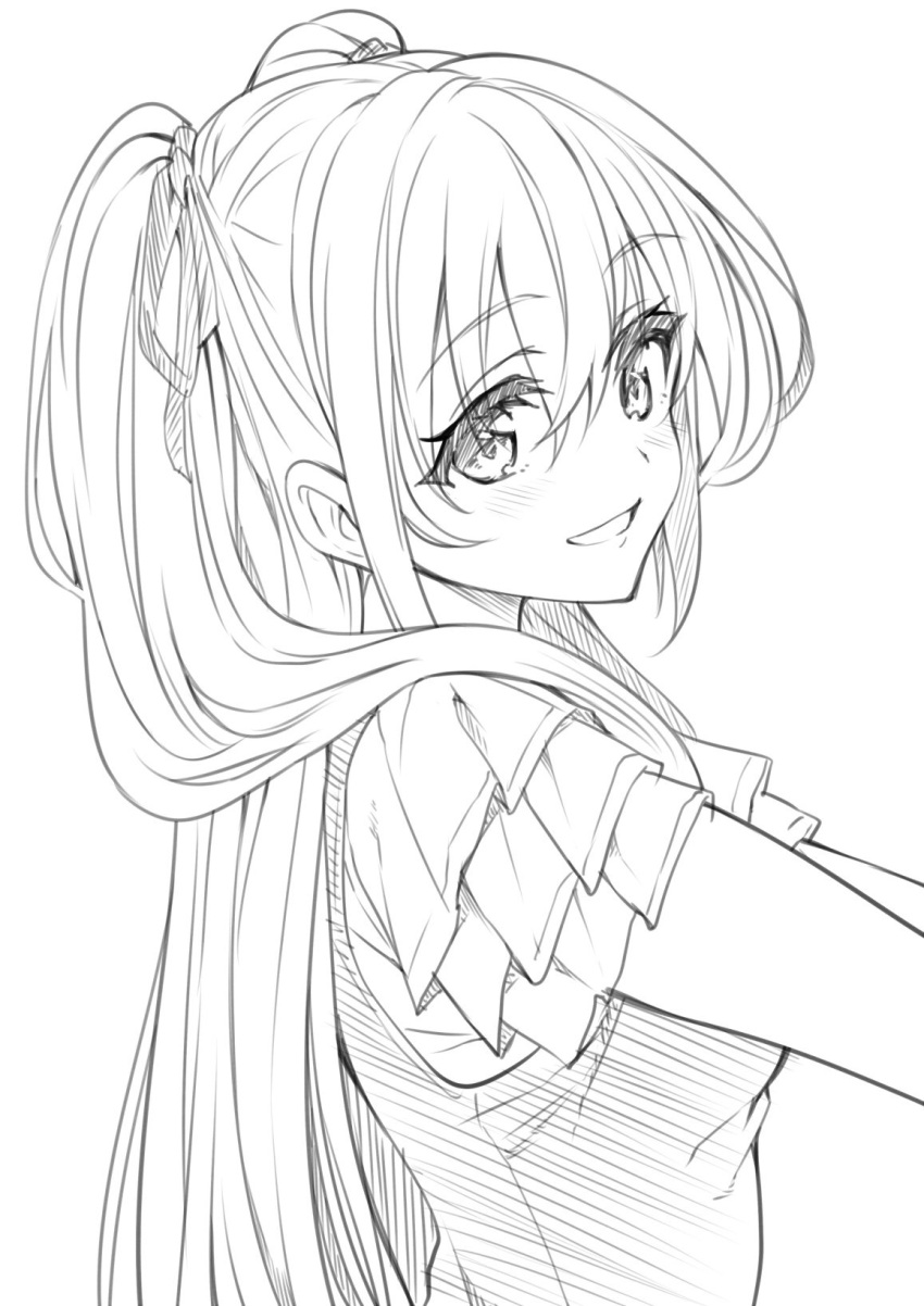 1girl :d eyebrows eyebrows_visible_through_hair gan_(shanimuni) hair_between_eyes hair_over_shoulder hair_ribbon highres long_hair looking_at_viewer looking_to_the_side mahou_shoujo_madoka_magica mahou_shoujo_suzune_magica monochrome narumi_arisa official_art open_mouth profile ribbon short_sleeves sketch smile solo sweater_vest twintails upper_body very_long_hair