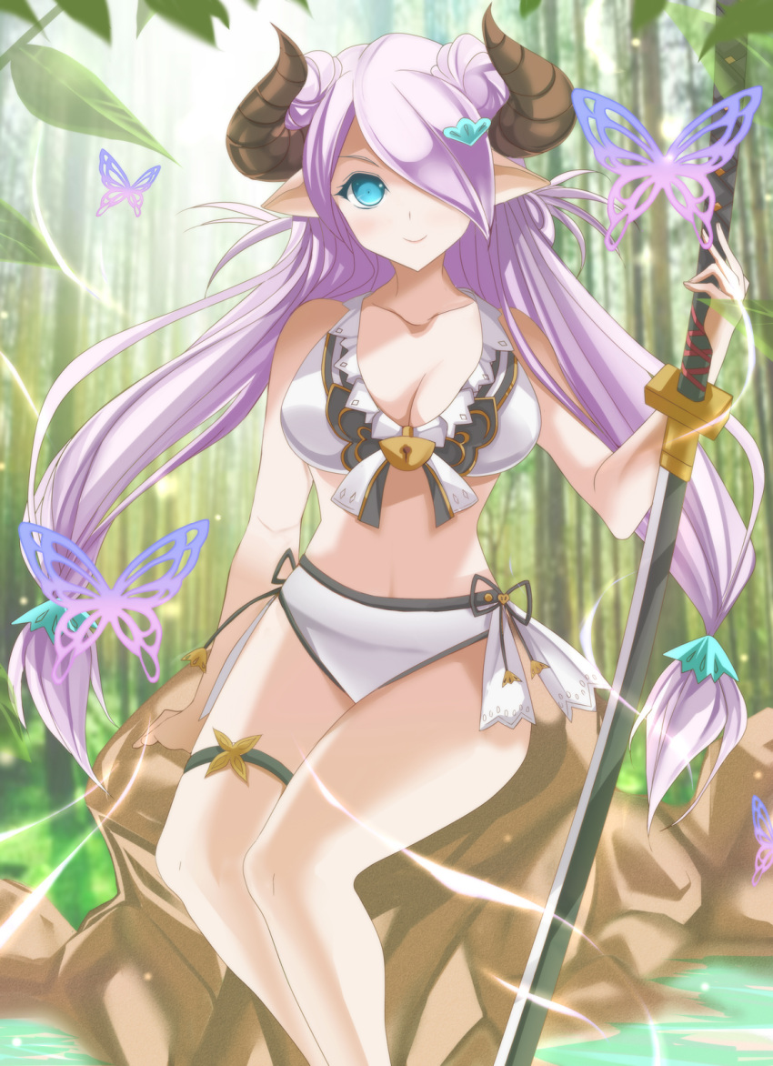 1girl alternate_costume aqua_eyes arm_support bikini braid breasts cleavage doraf double_bun forest front-tie_top granblue_fantasy hair_over_one_eye highres horns katana large_breasts lavender_hair long_hair looking_at_viewer marionette_(excle) midriff narumeia_(granblue_fantasy) nature navel sitting sitting_on_rock smile swimsuit sword twin_braids twintails water weapon white_bikini