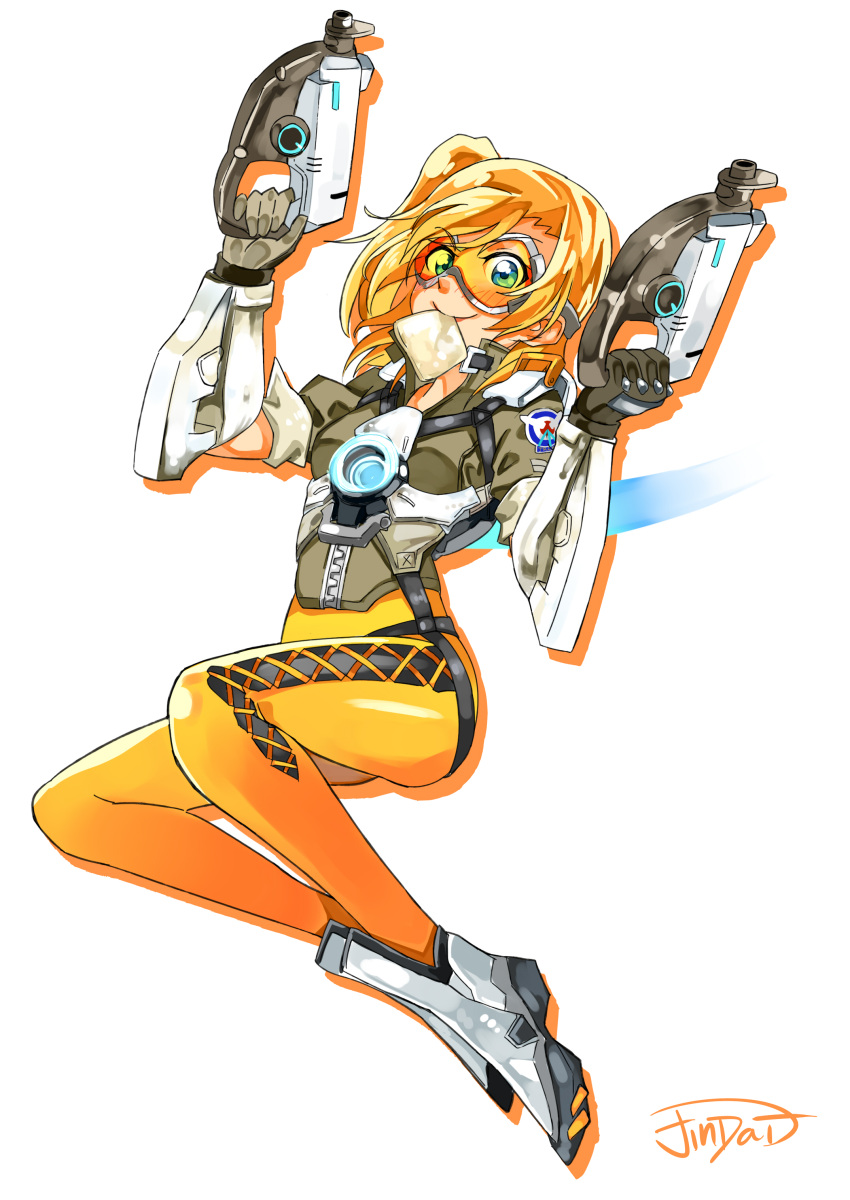 1girl absurdres blue_eyes bread cosplay dual_wielding food food_in_mouth goggles gun handgun highres jindai3663 kousaka_honoka looking_at_viewer love_live! love_live!_school_idol_project mouth_hold one_side_up orange_hair overwatch pistol signature solo toast toast_in_mouth tracer_(overwatch) tracer_(overwatch)_(cosplay) weapon