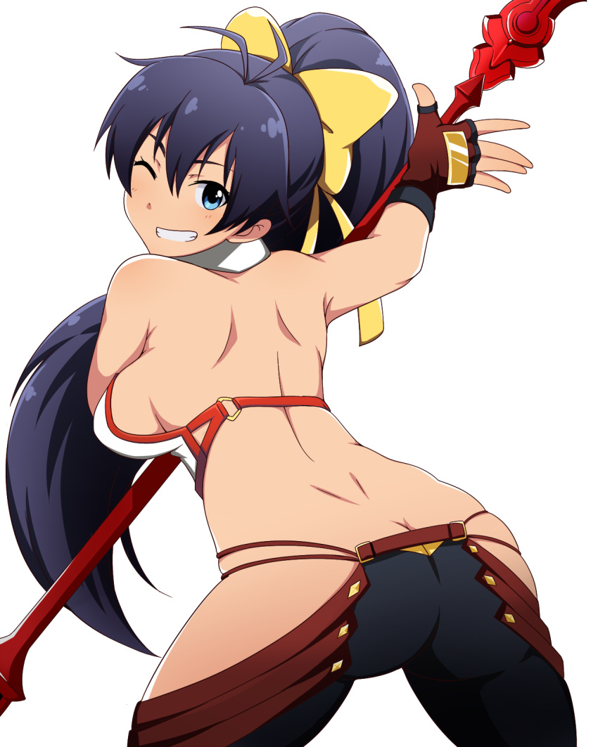 1girl antenna_hair ass back backless_outfit bare_shoulders black_hair black_pants blazblue blazblue:_central_fiction blue_eyes bow breasts butt_crack cosplay fingerless_gloves from_behind ganaha_hibiki gloves hair_between_eyes hair_bow halter_top halterneck highres holding holding_weapon idolmaster jabara_tornado leaning_forward long_hair looking_at_viewer looking_back lowleg lowleg_pants mai_natsume mai_natsume_(cosplay) no_bra no_panties one_eye_closed outseal pants polearm ponytail red_gloves revealing_clothes ribbon sideboob simple_background smile solo spear standing thighs transparent_background very_long_hair weapon yellow_bow