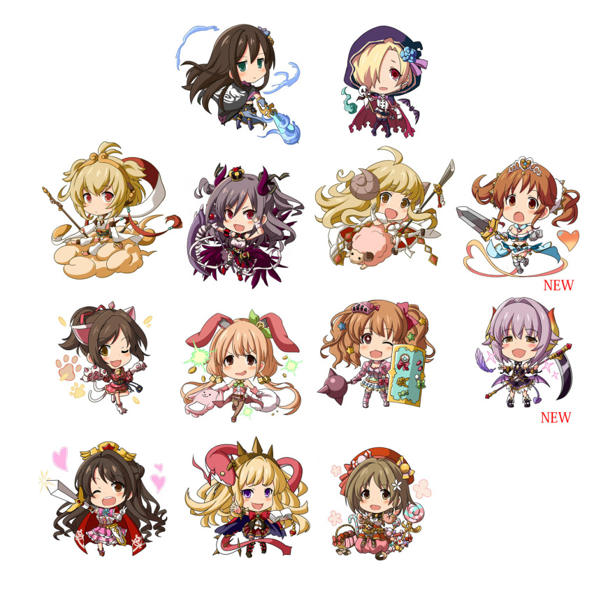 6+girls ;) alternate_costume anchira_(granblue_fantasy) anila_(granblue_fantasy) animal_ears bat be_(o-hoho) blonde_hair brown_hair cagliostro_(granblue_fantasy) candy cape cat_ears cat_paws chibi cloak clouds demon_horns doraf erun_(granblue_fantasy) flail futaba_anzu granblue_fantasy hair_over_one_eye heart highres hood hooded_cloak horns idolmaster idolmaster_cinderella_girls kanzaki_ranko koshimizu_sachiko leg_up lollipop mace maekawa_miku mimura_kanako morning_star moroboshi_kirari multiple_girls multiple_tails one_eye_closed paws ponytail purple_hair rabbit_ears red_eyes scythe sheep sheep_horns shibuya_rin shield shimamura_uzuki shirasaka_koume smile snake staff stuffed_toy sword tail totoki_airi twintails v violet_eyes weapon