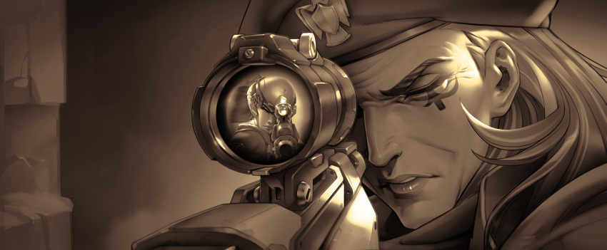 2girls absurdres ana_(overwatch) artist_request face facial_tattoo female gradient gradient_background gun hat highres huge_filesize lips monochrome multiple_girls official_art one_eye_closed overwatch reflection rifle sepia sniper_rifle solo_focus tattoo weapon widowmaker_(overwatch)