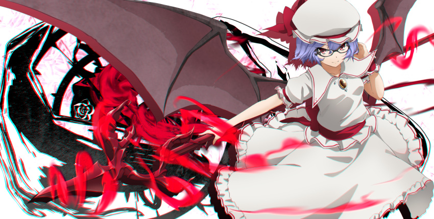 1girl aono_meri bat_wings bespectacled black-framed_eyewear glasses hat hat_ribbon lavender_hair looking_at_viewer mob_cap outstretched_arm puffy_sleeves red_eyes remilia_scarlet ribbon sash shirt short_hair short_sleeves skirt skirt_set smile solo spear_the_gungnir touhou upskirt wings