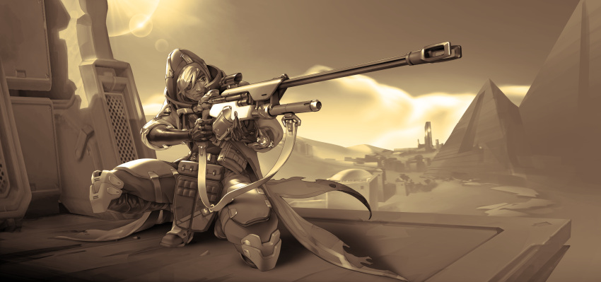 1girl absurdres ana_(overwatch) artist_request building clouds eyepatch facial_tattoo female gloves gun highres hood horizon huge_filesize lens_flare lips monochrome official_art one_knee outdoors overwatch pyramid rifle sepia sky sniper_rifle solo tattoo weapon