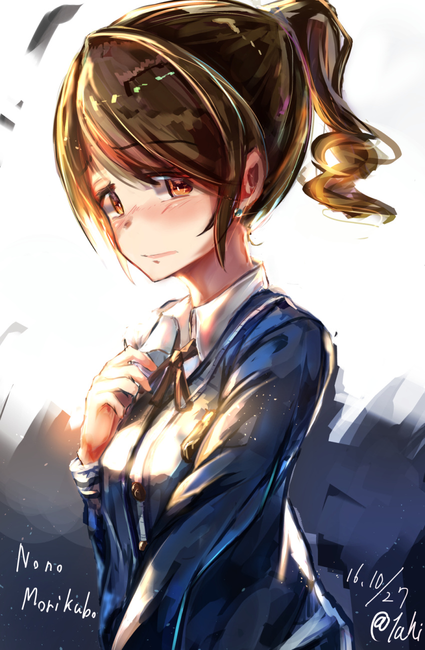 1girl alternate_hairstyle blush brown_eyes brown_hair character_name closed_mouth commentary_request dated earrings embarrassed highres idolmaster idolmaster_cinderella_girls jewelry long_hair long_sleeves looking_at_viewer morikubo_nono neckerchief ponytail signature solo taki_(takimon)