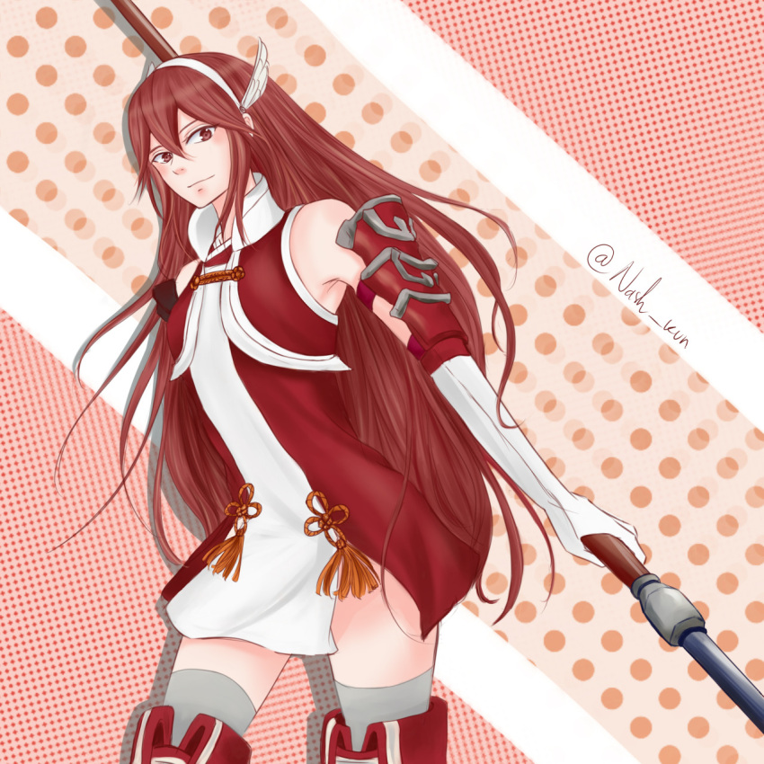 1girl armor armpits artist_name bare_shoulders cowboy_shot elbow_gloves fire_emblem fire_emblem_if gloves grey_legwear hair_between_eyes hairband head_wings highres holding holding_weapon looking_at_viewer matoi_(fire_emblem_if) nash-kun polearm red_eyes redhead signature solo spear thigh-highs weapon white_gloves zettai_ryouiki