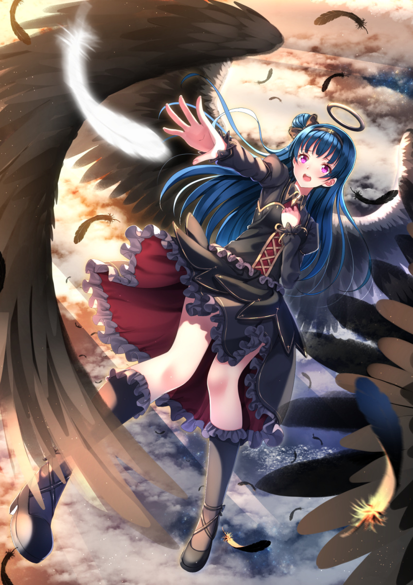 1girl arm_up bangs black_dress black_feathers black_legwear black_shoes black_wings blue_hair blunt_bangs blurry blush clouds depth_of_field dress fallen_angel falling floating_object frilled_dress frills from_above full_body halo hand_on_own_chest highres juliet_sleeves kneehighs long_hair long_sleeves love_live! love_live!_sunshine!! open_mouth outdoors outstretched_arm pink_eyes puffy_sleeves round_teeth shoes sunlight swordsouls teeth tsushima_yoshiko very_long_hair white_feathers wings