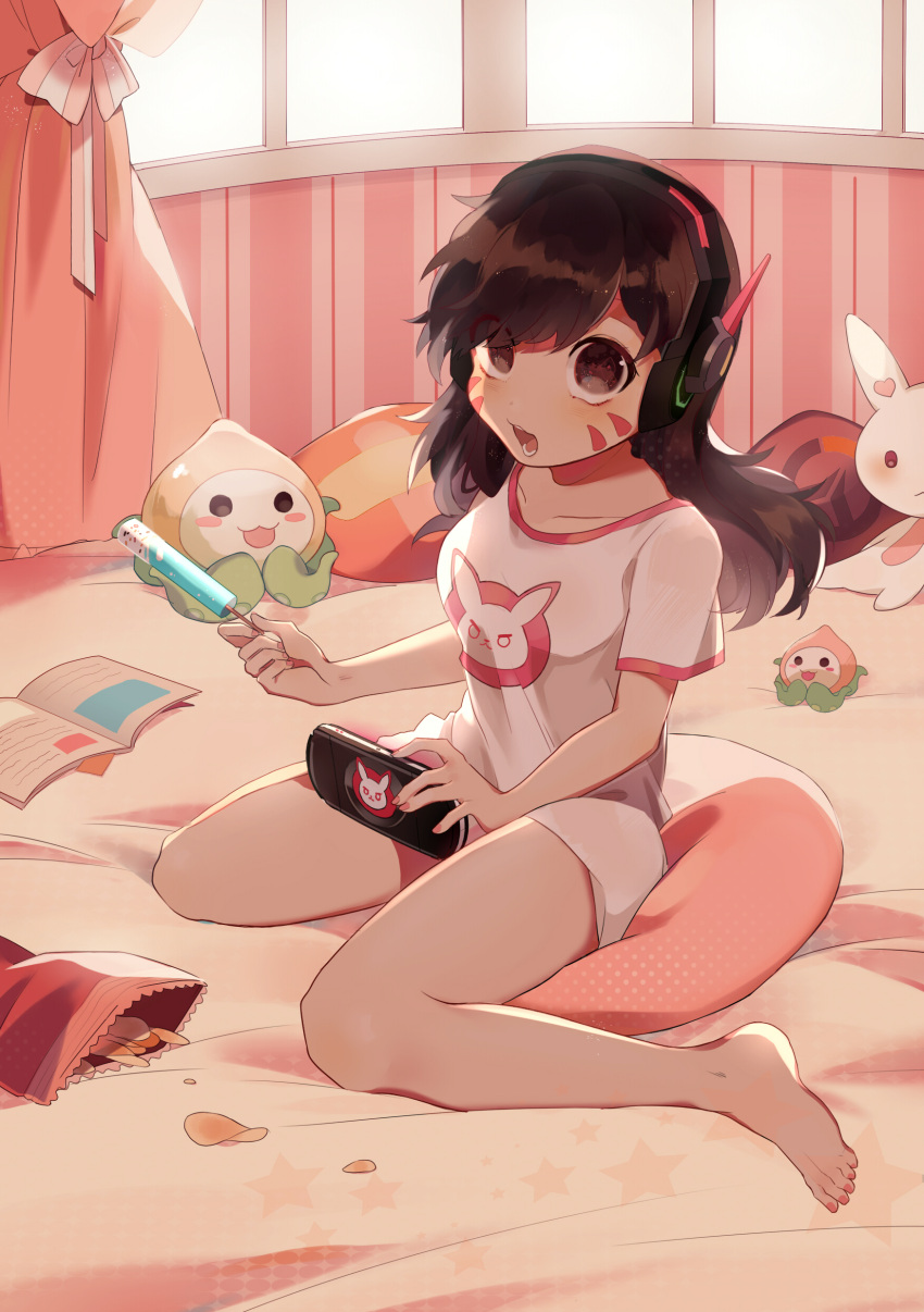 1girl absurdres bangs barefoot bed bed_sheet blush brown_eyes brown_hair bunny_print chips collarbone curtains d.va_(overwatch) eyebrows eyebrows_visible_through_hair eyes_visible_through_hair facepaint facial_mark fingernails handheld_game_console headphones highres holding indoors long_hair looking_at_viewer nail_polish notebook on_bed open_mouth overwatch pachimari pillow pink_nails playstation_portable popsicle shirt_only shishui_mao short_sleeves sitting solo star star_print stuffed_animal stuffed_bunny stuffed_octopus stuffed_toy symbol-shaped_pupils toenail_polish toenails toes wariza whisker_markings window