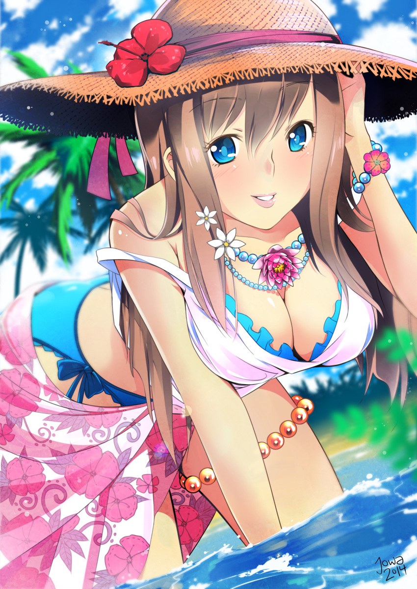 1girl 2014 absurdres artist_name bead_bracelet beads bent_over bikini blue_bikini blue_eyes blush bracelet breasts brown_hair cleavage flower flower_necklace hair_flower hair_ornament hand_on_head hat hat_flower hibiscus highres jewelry joakim_waller large_breasts lips long_hair necklace original partially_submerged side-tie_bikini smile solo strap_slip sun_hat swimsuit thigh_beads water
