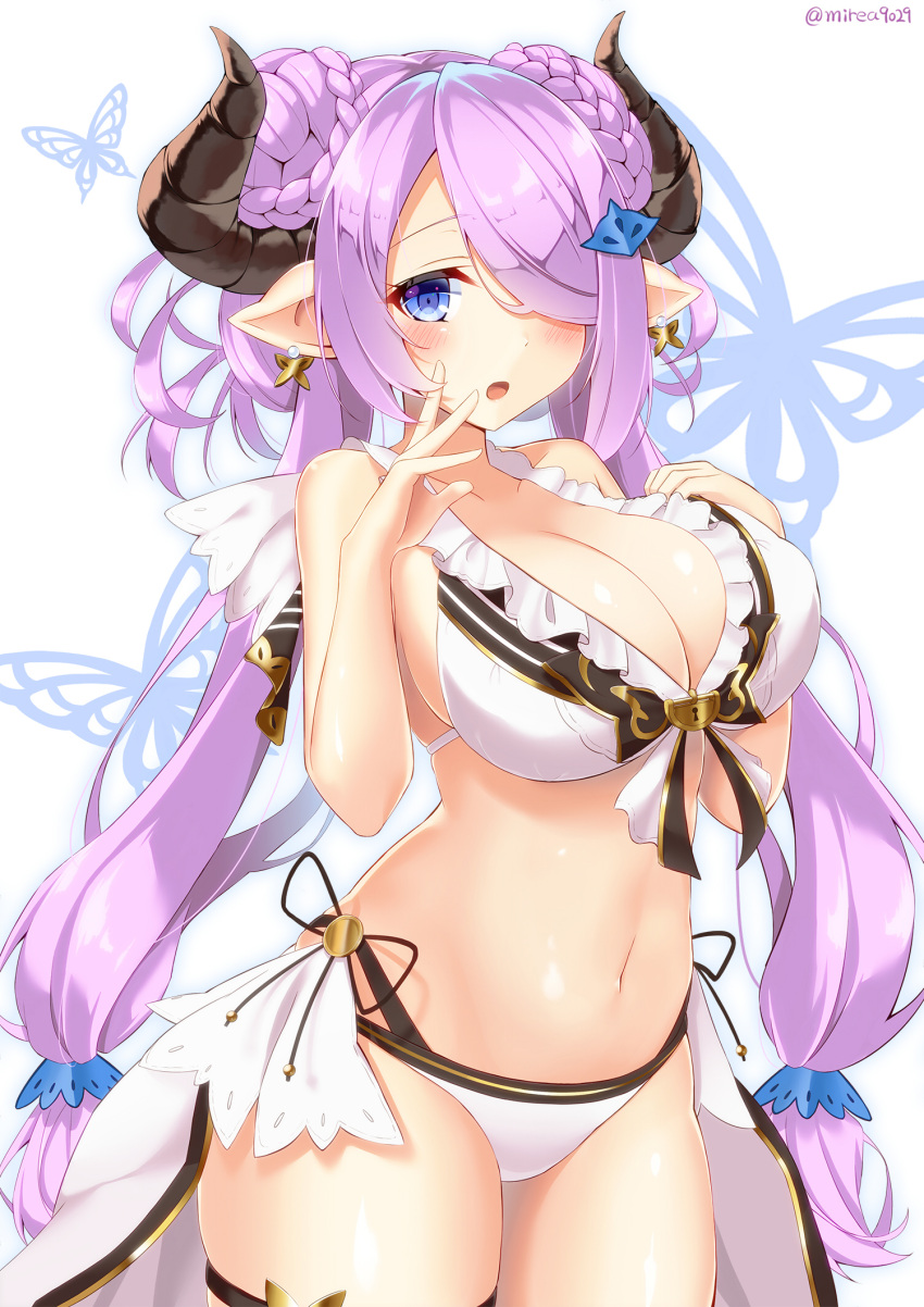1girl bikini blue_eyes blush braid breasts cleavage doraf earrings granblue_fantasy hair_over_one_eye highres horns jewelry large_breasts lavender_hair long_hair looking_at_viewer narumeia_(granblue_fantasy) navel open_mouth pointy_ears renka_(llawliet39) revision simple_background solo swimsuit twintails twitter_username white_bikini