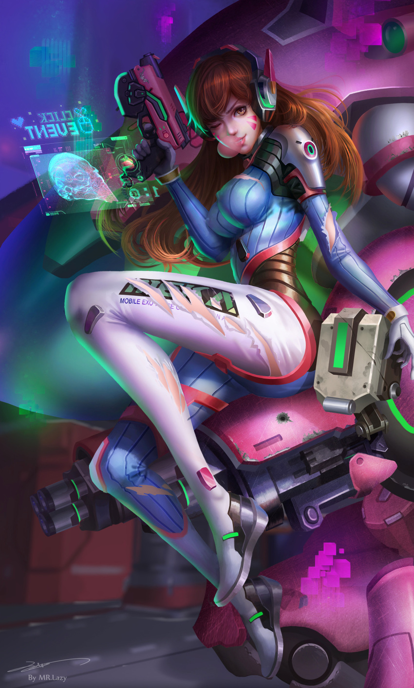 1girl absurdres acronym arm_at_side arm_cannon artist_name bangs bodysuit boots bracer breasts brown_eyes brown_hair bubble_blowing bubblegum bullet_hole charm_(object) clothes_writing d.va_(overwatch) erect_nipples eyelashes facepaint facial_mark finger_on_trigger from_side gatling_gun gloves gum gun hand_up handgun headphones highres holding holding_gun holding_weapon holographic_interface large_breasts lazy_(kimochi11111) lips lipstick long_hair long_sleeves makeup mecha meka_(overwatch) one_eye_closed overwatch pauldrons pilot_suit pink_lips pink_lipstick ribbed_bodysuit rust shoulder_pads signature sitting skin_tight smile solo thigh-highs thigh_boots thigh_strap torn_bodysuit torn_clothes turtleneck weapon whisker_markings white_gloves
