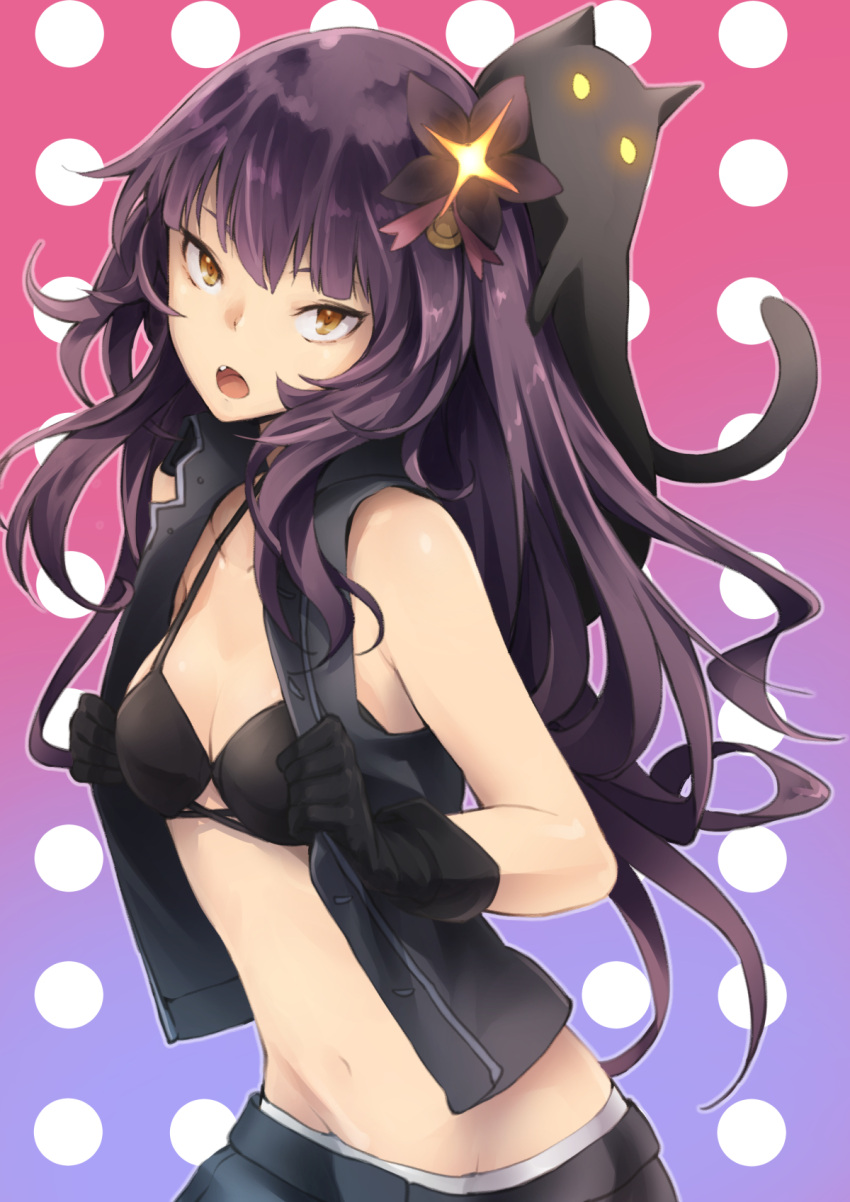 1girl animal animal_on_head black_bow black_bra black_gloves black_hair bow bra breasts cat cat_on_head cleavage collarbone fang flower gloves groin hair_flower hair_ornament highres long_hair looking_at_viewer medium_breasts midriff navel noraico on_head open_mouth original solo standing stomach underwear very_long_hair yellow_eyes