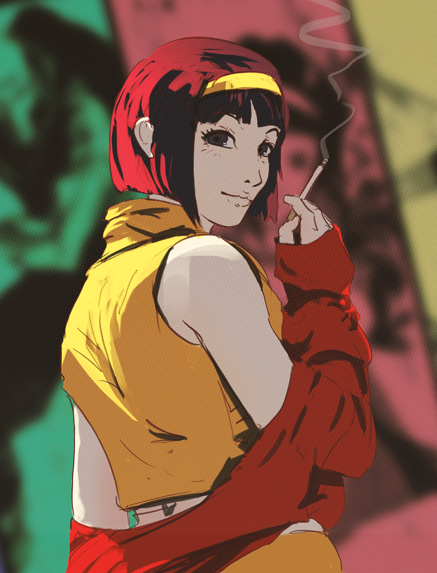 1girl 90s arm_up black_eyes cigarette cowboy_bebop faye_valentine from_side highres holding_cigarette light_smile lips looking_at_viewer midriff red_sweater redhead shirt short_hair sleeveless sleeveless_shirt smoke smoking snatti solo turtleneck white_skin yellow_hairband yellow_shirt