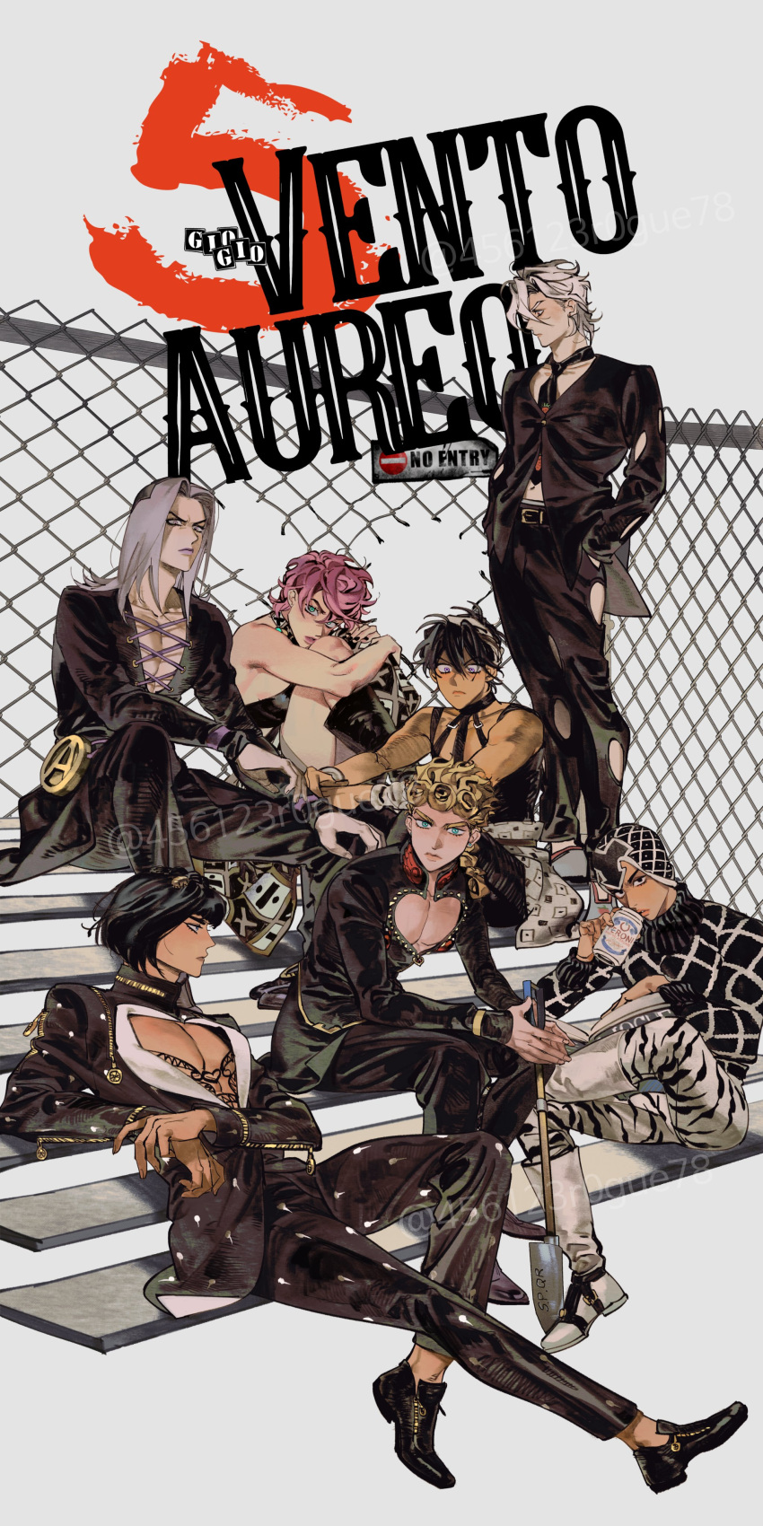 1girl 456123r0gue78 6+boys absurdres aqua_eyes black_hair black_suit blonde_hair blue_eyes bob_cut bruno_bucciarati chain-link_fence dress_shoes fence formal_clothes giorno_giovanna guido_mista highres holes jojo_no_kimyou_na_bouken leone_abbacchio long_hair looking_at_viewer multiple_boys narancia_ghirga pannacotta_fugo pink_hair suit trish_una violet_eyes