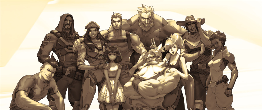 4girls 6+boys absurdres alpha_gamboa ana_(overwatch) artist_request beard blackwatch_reyes breasts character_request crossed_arms dress everyone facial_hair gradient gradient_background grin hand_on_another's_shoulder hat height_difference high_ponytail highres hood leaning_forward long_hair looking_at_viewer mccree_(overwatch) mercy_(overwatch) monochrome mother_and_daughter multiple_boys multiple_girls muscle official_art open_mouth overwatch pharah_(overwatch) reaper_(overwatch) reinhardt_(overwatch) sepia sleeveless smile soldier:_76_(overwatch) standing tank_top torbjorn_(overwatch) v white_background younger