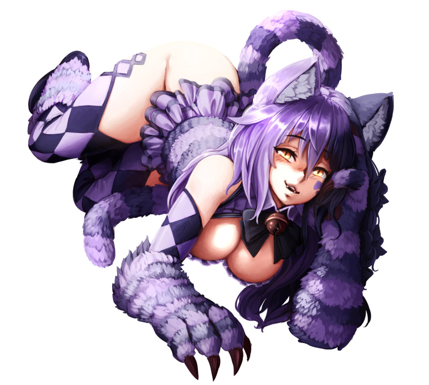 1girl :3 animal_ears argyle argyle_legwear barbariank bare_shoulders bell bow breasts cat_ears cat_tail cheshire_cat_(monster_girl_encyclopedia) claws cleavage facial_tattoo fangs fur hair_bow heart heart_tail highres jingle_bell large_breasts long_hair looking_at_viewer lying monster_girl monster_girl_encyclopedia multicolored_hair paws purple_hair skirt slit_pupils smile solo striped_tail tail tattoo thigh-highs transparent_background yellow_eyes