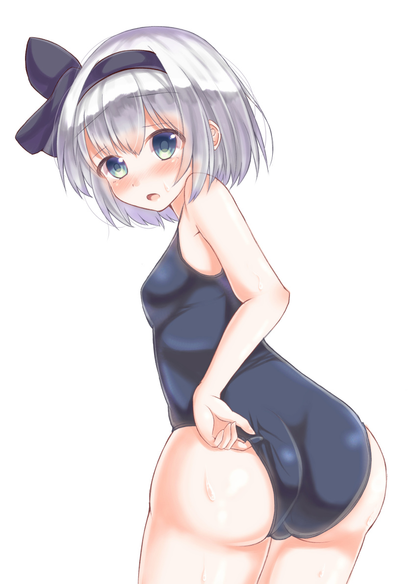 1girl absurdres adapted_costume adjusting_clothes adjusting_swimsuit blue_eyes highres konpaku_youmu looking_back one-piece_swimsuit otowa_(otoha4634) school_swimsuit silver_hair solo swimsuit touhou wet white_background