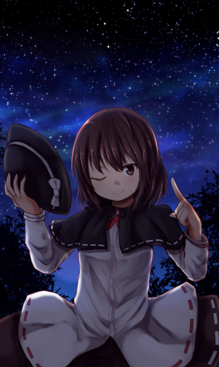 1girl ;) arm_up baram black_skirt brown_eyes brown_hair capelet hat hat_removed hat_ribbon headwear_removed highres holding holding_hat index_finger_raised long_sleeves night one_eye_closed outdoors ribbon ribbon-trimmed_clothes ribbon-trimmed_skirt ribbon_trim shirt short_hair skirt sky smile solo star_(sky) starry_sky touhou tree usami_renko white_shirt