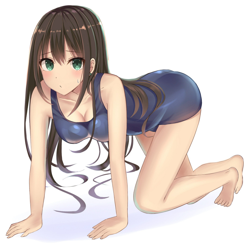 absurdres all_fours aqua_eyes blush breasts brown_hair cleavage earrings highres idolmaster idolmaster_cinderella_girls jewelry long_hair looking_at_viewer mizukoshi_(marumi) one-piece_swimsuit shibuya_rin sweatdrop swimsuit