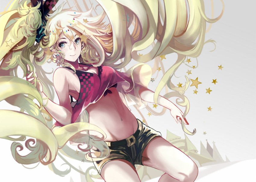 1girl belt black_bikini_top blonde_hair blue_eyes breasts building cleavage closed_mouth collarbone crop_top front-tie_top hair_between_eyes hand_in_hair jewelry long_hair looking_at_viewer midriff navel original red_shirt sasurai_susuki shirt short_shorts shorts single_earring sleeveless sleeveless_shirt smile solo star very_long_hair