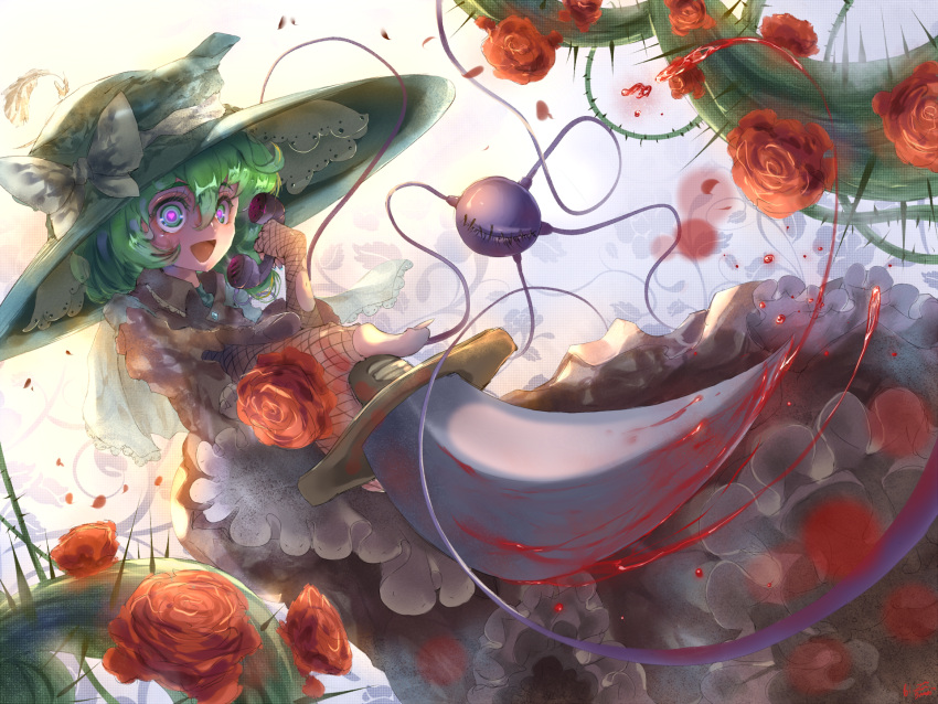 1girl :d blizzomos blood bloody_weapon blue_eyes bow crazy_eyes crazy_smile eyeball eyebrows fishnets flower foreshortening frilled_sleeves frills green_hair hat hat_bow heart heart-shaped_pupils highres holding holding_knife knife komeiji_koishi long_sleeves looking_at_viewer open_mouth plant red_rose rose short_hair smile solo stitches symbol-shaped_pupils thick_eyebrows third_eye thorns touhou urban_legend_in_limbo vines weapon white_bow yandere