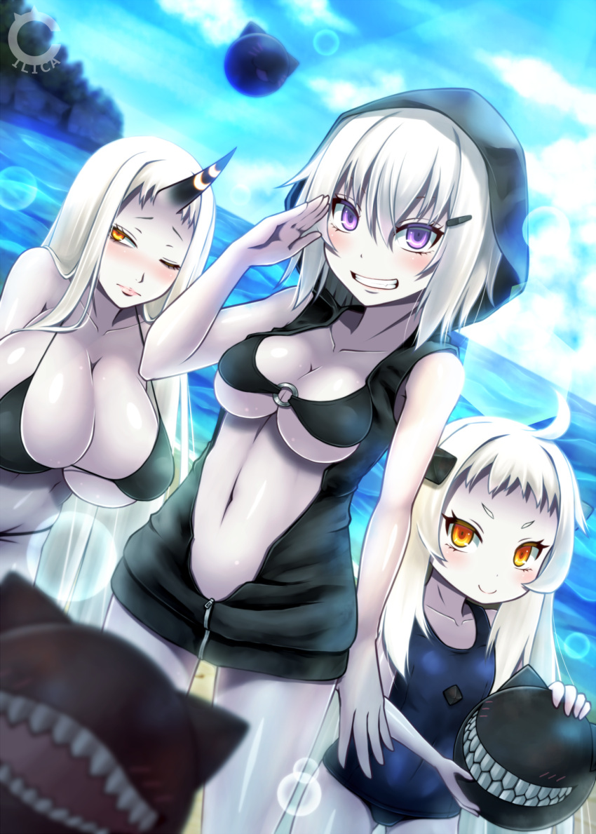 3girls :3 ahoge alternate_breast_size blush breasts cilica cleavage grin hair_ornament hairclip highres hood horn horns huge_breasts kantai_collection large_breasts looking looking_at_viewer midriff monster multiple_girls navel northern_ocean_hime o-ring_top one_eye_closed orange_eyes pale_skin re-class_battleship salute school_swimsuit seaport_hime sharp_teeth shinkaisei-kan short_eyebrows smile swimsuit teeth under_boob violet_eyes watermark white_hair