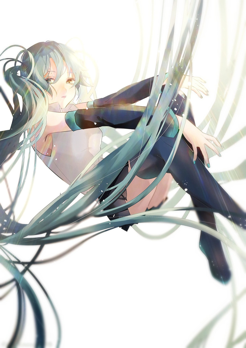 1girl aqua_eyes aqua_hair commentary detached_sleeves floating floating_hair hair_between_eyes hatsune_miku highres long_hair looking_at_viewer nail_polish necktie parted_lips skirt sleeveless solo symbol_commentary thigh-highs twintails un_known9999 very_long_hair vocaloid
