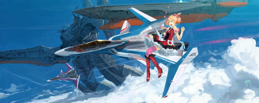 aircraft airplane blonde_hair boots bow canards cannon clouds condensation_trail fighter_jet flying freyja_wion frills green_eyes hair_bow hayate_immelmann high_heel_boots high_heels highres jet macross macross_delta macross_elysion mecha military military_vehicle mirage_farina_jenius science_fiction short_hair side_ponytail sky space_craft thigh-highs tommy830219 vf-31 vf-31_siegfried vf-31c vf-31j