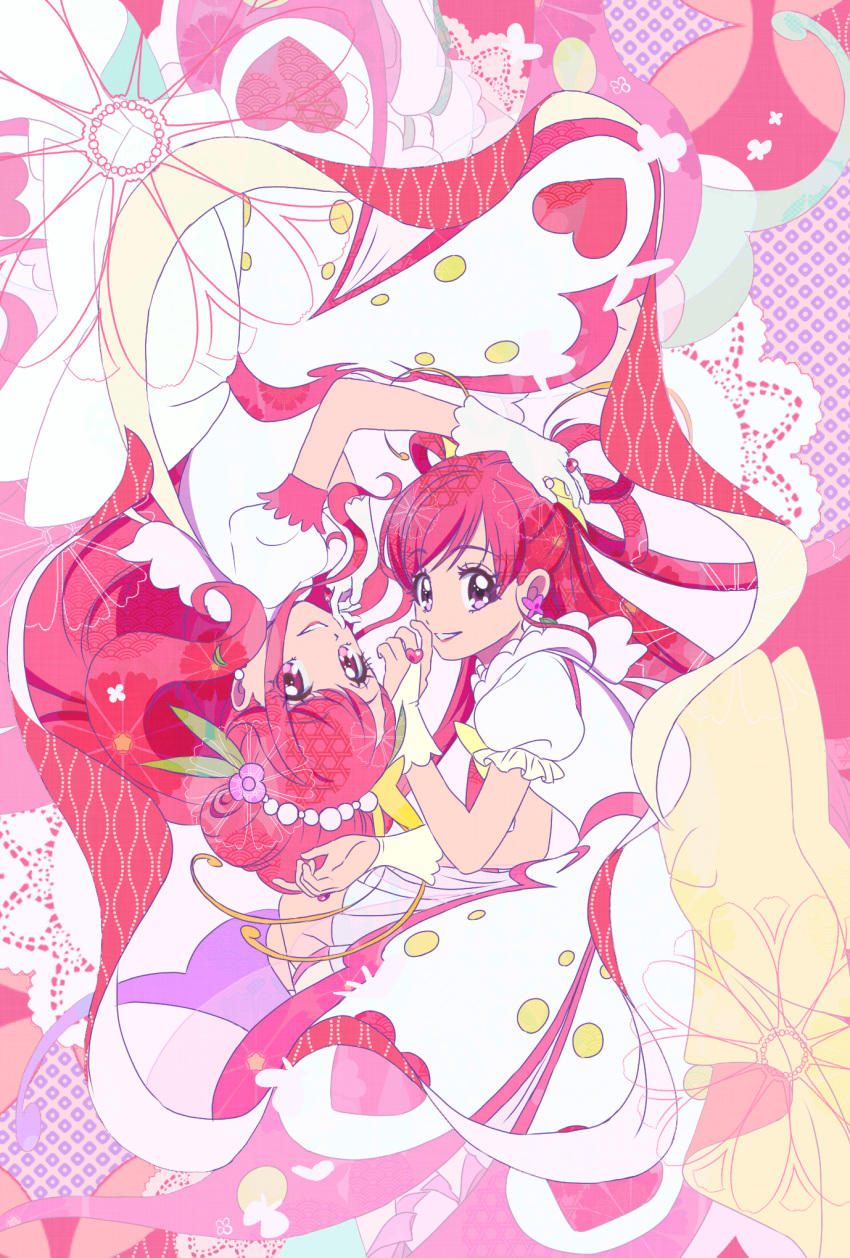 2girls abstract_background back_bow bow cure_dream cure_grace dream_cure_grace dress earrings gloves hair_bun hair_rings hanadera_nodoka healin'_good_precure healin'_good_precure:_yume_no_machi_de_kyun!_tto_gogo!_daihenshin!! highres huge_bow jewelry lipstick long_hair looking_at_viewer magical_girl makeup multiple_girls pink_eyes pink_hair precure puffy_sleeves smile strawberrylove2525 symmetry upside-down violet_eyes white_bow white_dress white_gloves wrist_cuffs yellow_bow yes!_precure_5 yes!_precure_5_gogo! yumehara_nozomi