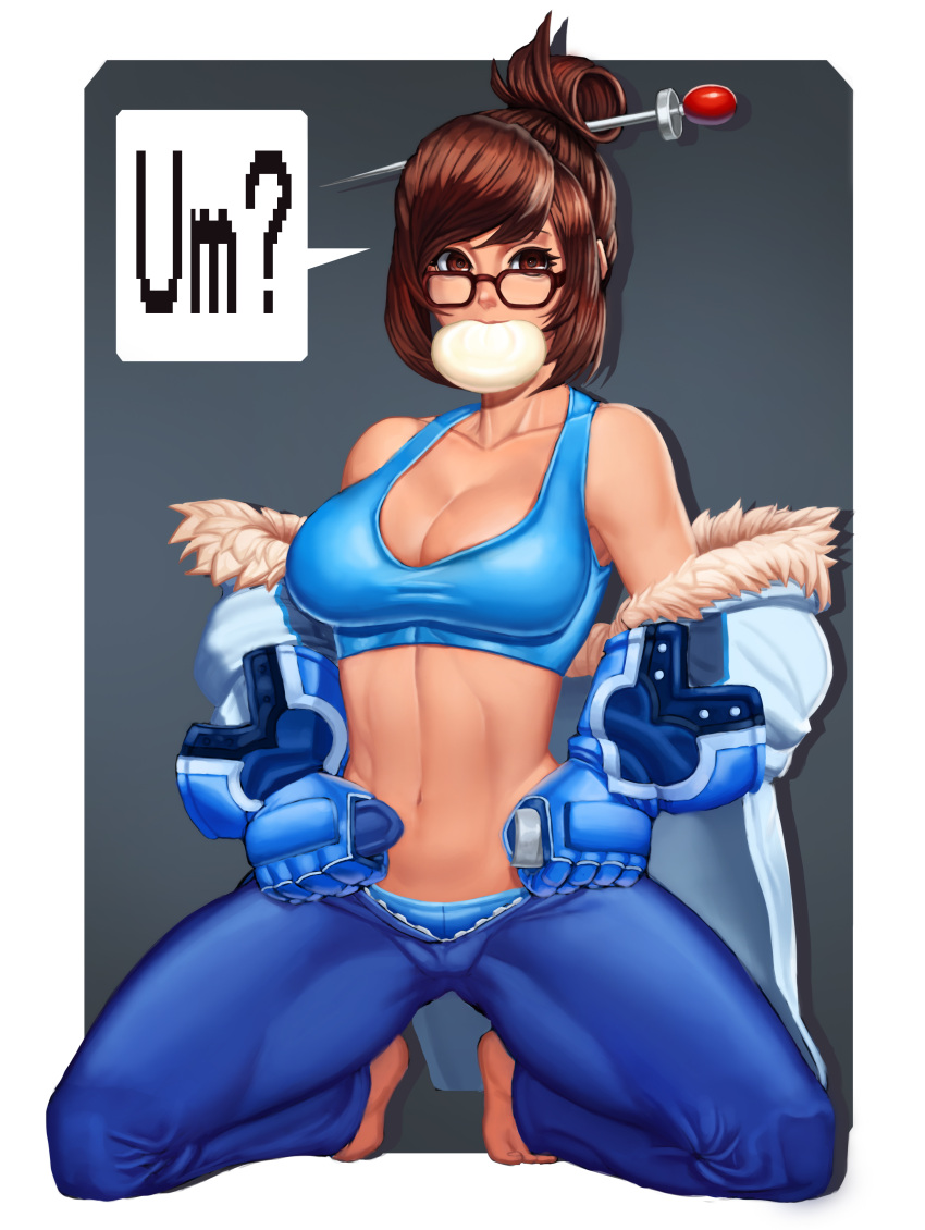 1girl absurdres baozi belt breasts brown_hair cleavage daft_v_lim dressing eating food food_in_mouth fur_trim glasses hair_ornament hair_stick hairpin highres jacket jacket_off_shoulders mei_(overwatch) navel off_shoulder open_fly overwatch panties revision solo speech_bubble sports_bra stomach tank_top underwear