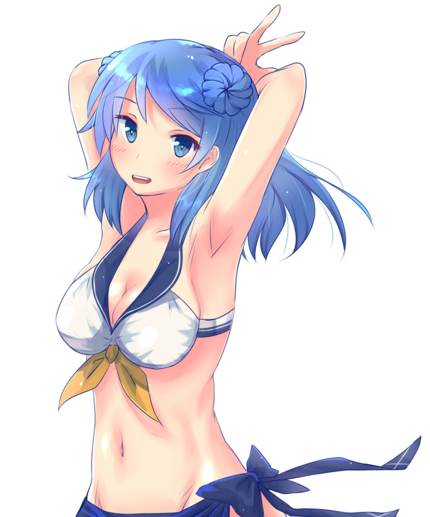 1girl absurdres armpit arms_up bikini blue_eyes blue_hair breasts cleavage double_bun highres kantai_collection large_breasts looking_at_viewer rain_yadori sarong smile solo swimsuit urakaze_(kantai_collection) v white_background