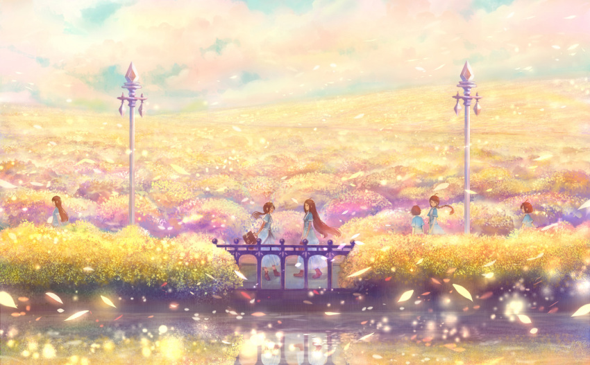 6+girls ahoge bag black_hair braid bush clouds dress fantasy field horizon lamppost leaf light_particles long_hair multiple_girls open_mouth original ponytail railing reflection sakimori_(hououbds) scenery school_bag short_hair single_braid sky smile walking water wind yellow