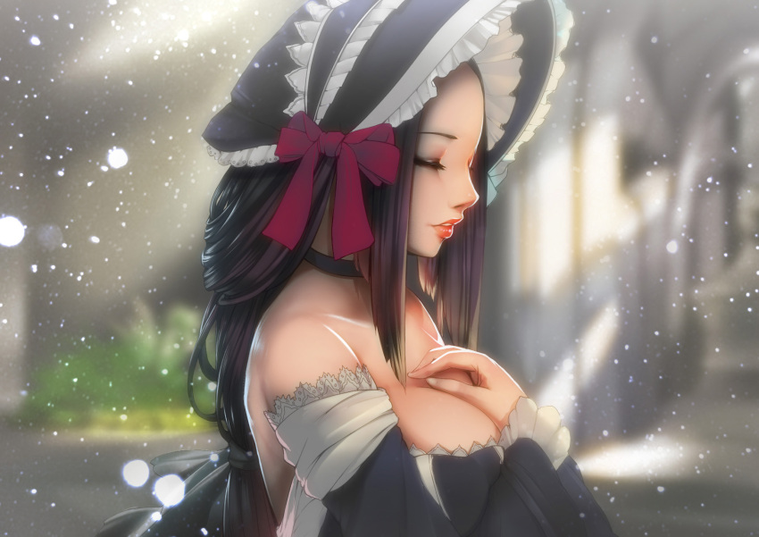 1girl bare_shoulders bow brown_hair choker closed_eyes hat highres lips long_hair milk-doll parted_lips profile solo wide_sleeves