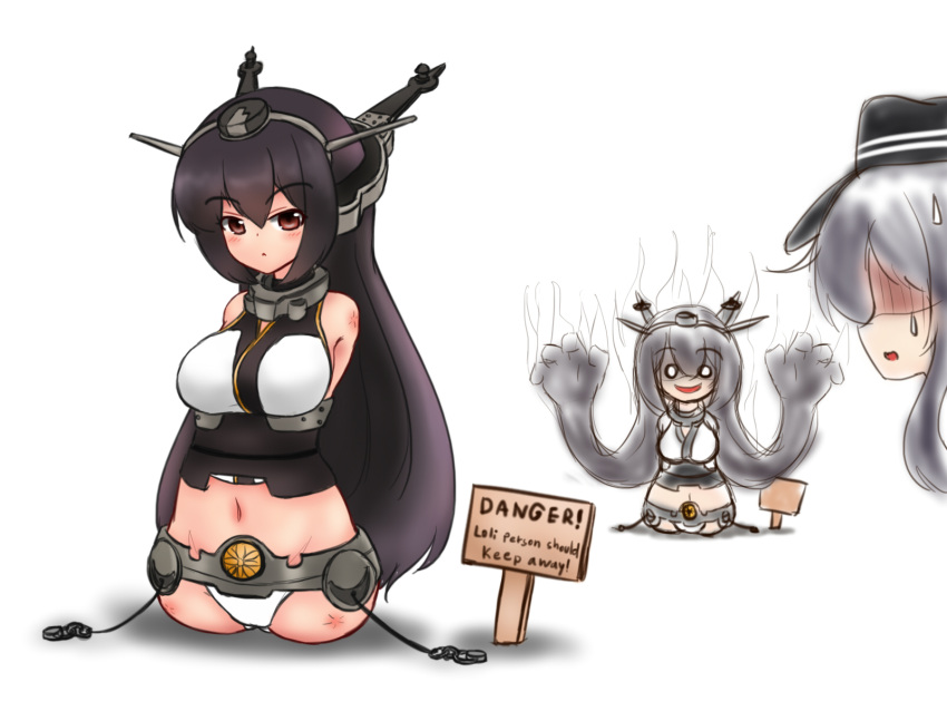 akatsuki_(kantai_collection) amputee black_hair breasts engrish headgear highres kantai_collection large_breasts long_hair mikey_sukairain miniskirt multiple_girls nagato_(kantai_collection) o_o pleated_skirt prehensile_hair quadruple_amputee ranguage red_eyes sign skirt