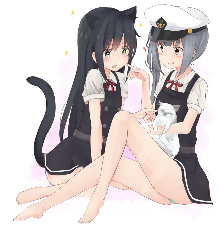 2girls :q anchor_symbol animal animal_ears asashio_(kantai_collection) bangs bare_legs barefoot belt black_eyes black_hair blue_panties blush cat cat_ears cat_tail closed_mouth collared_shirt dress eyebrows eyebrows_visible_through_hair full_body grey_hair hand_on_another's_cheek hand_on_another's_face hat heart highres holding_animal kantai_collection kasumi_(kantai_collection) kemonomimi_mode long_hair multicolored_background multiple_girls neck_ribbon open_mouth panties peaked_cap pinafore_dress red_ribbon remodel_(kantai_collection) ribbon shirt short_sleeves side_ponytail sitting sleeveless smile sparkle sparkling_eyes tail tongue tongue_out two-tone_background underwear wariza white_background white_panties white_shirt yellow_eyes yuki_(yukin0128)
